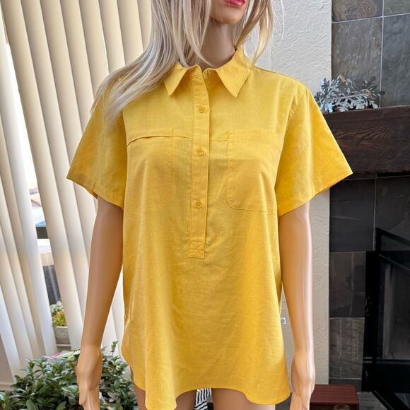 Wrangler All Terrain Gear Womens LARGE YELLOW Short Sleeve  Button Up NWT SZ L - Picture 1 of 14